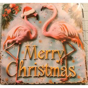 Flamingos Santa Hat Metal  Plaque Merry Christmas  Tropical Coastal